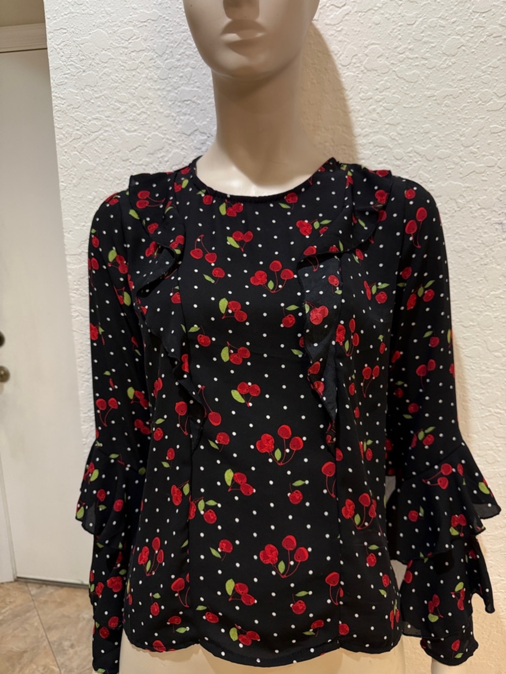Stella Tweed Black Cherry-Print Ruffle Blouse